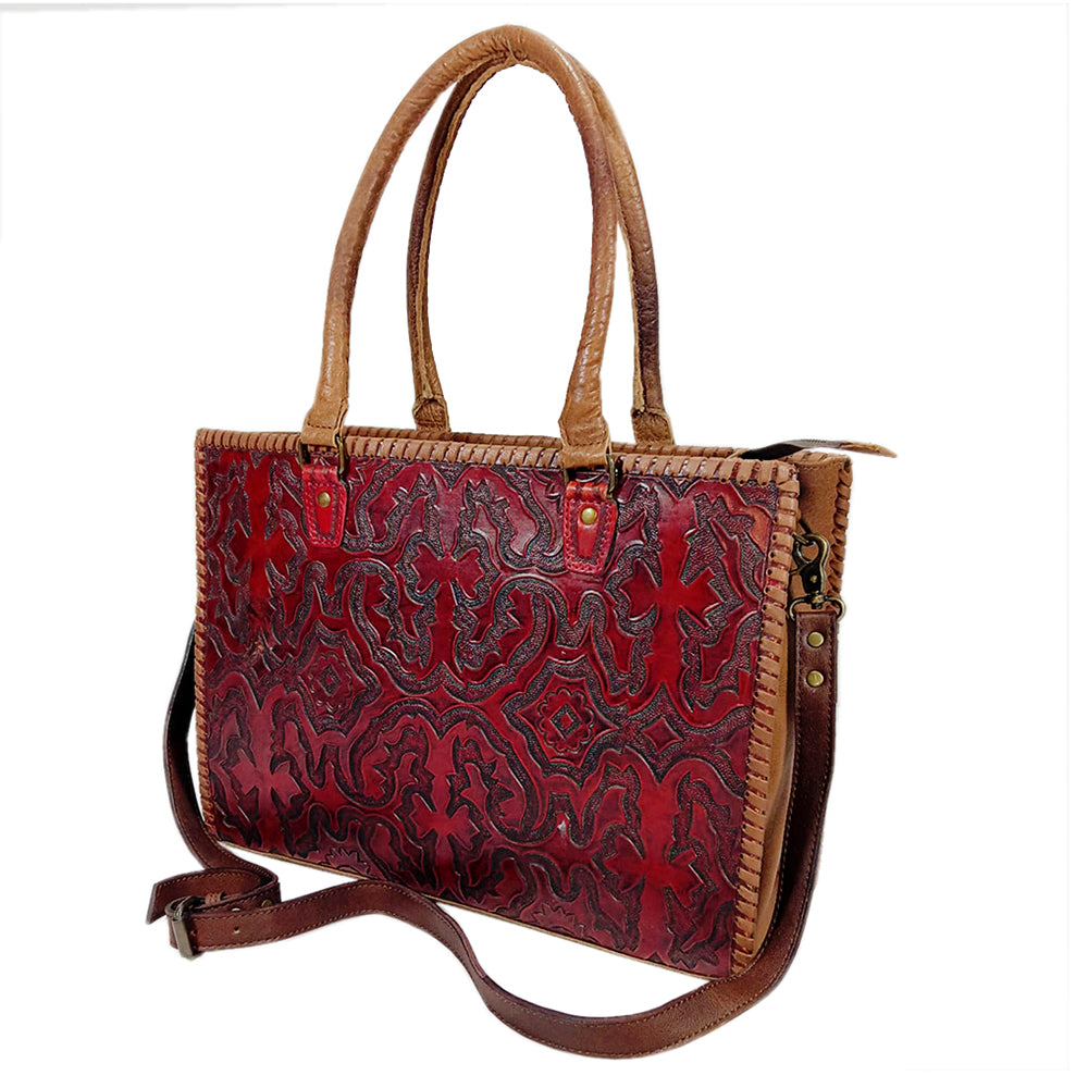GIBGX1467 American Darling Hand Tooled Leather Tote Bag - Braided Vegetable-Tanned Western Carryall