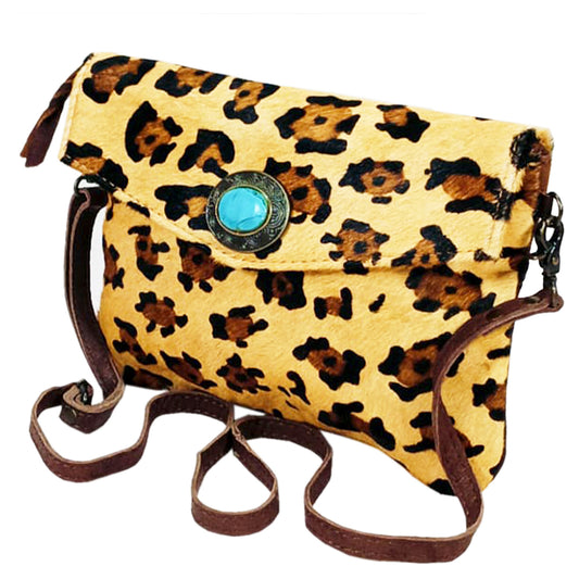 GIBGX1571 American Darling Western Leather Envelope Bag Hair-On Cowhide Turquoise Concho Crossbody