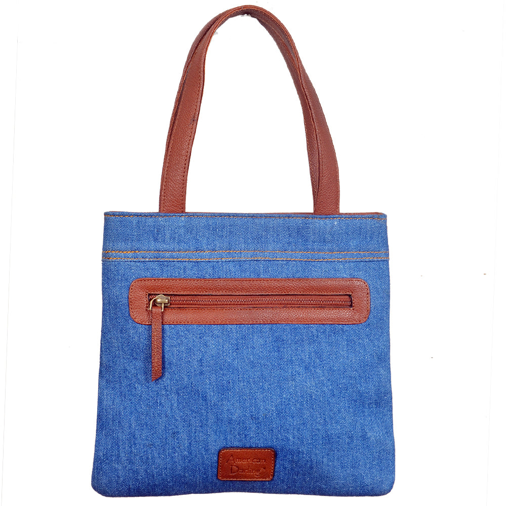 ADBGA1019 Tote Hand Tooled Denim Fabric Genuine Leather Women Bag