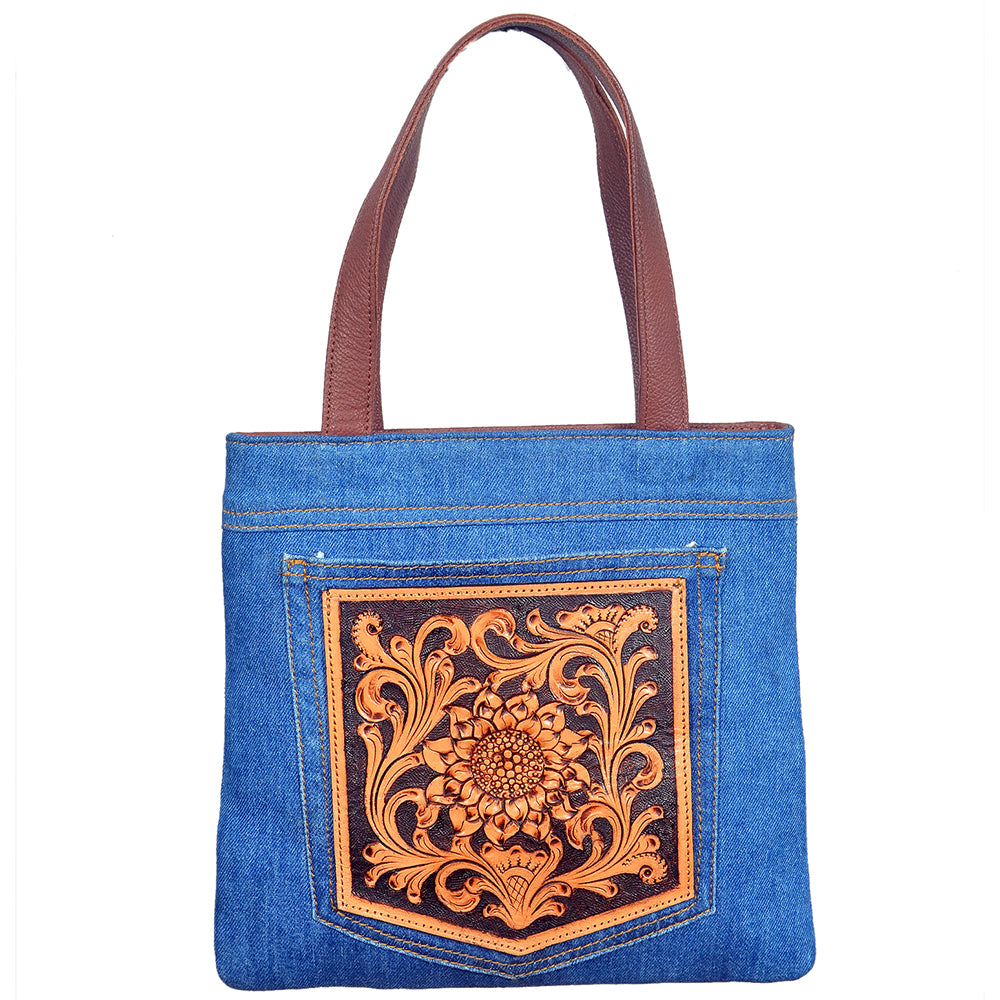ADBGA1019 Tote Hand Tooled Denim Fabric Genuine Leather Women Bag