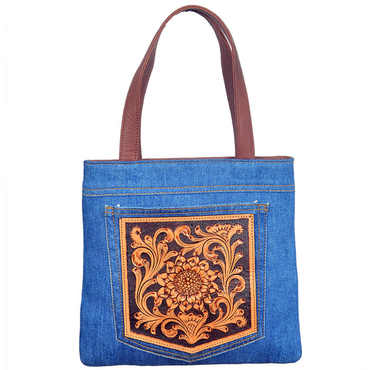 ADBGA1019 Tote Hand Tooled Denim Fabric Genuine Leather Women Bag