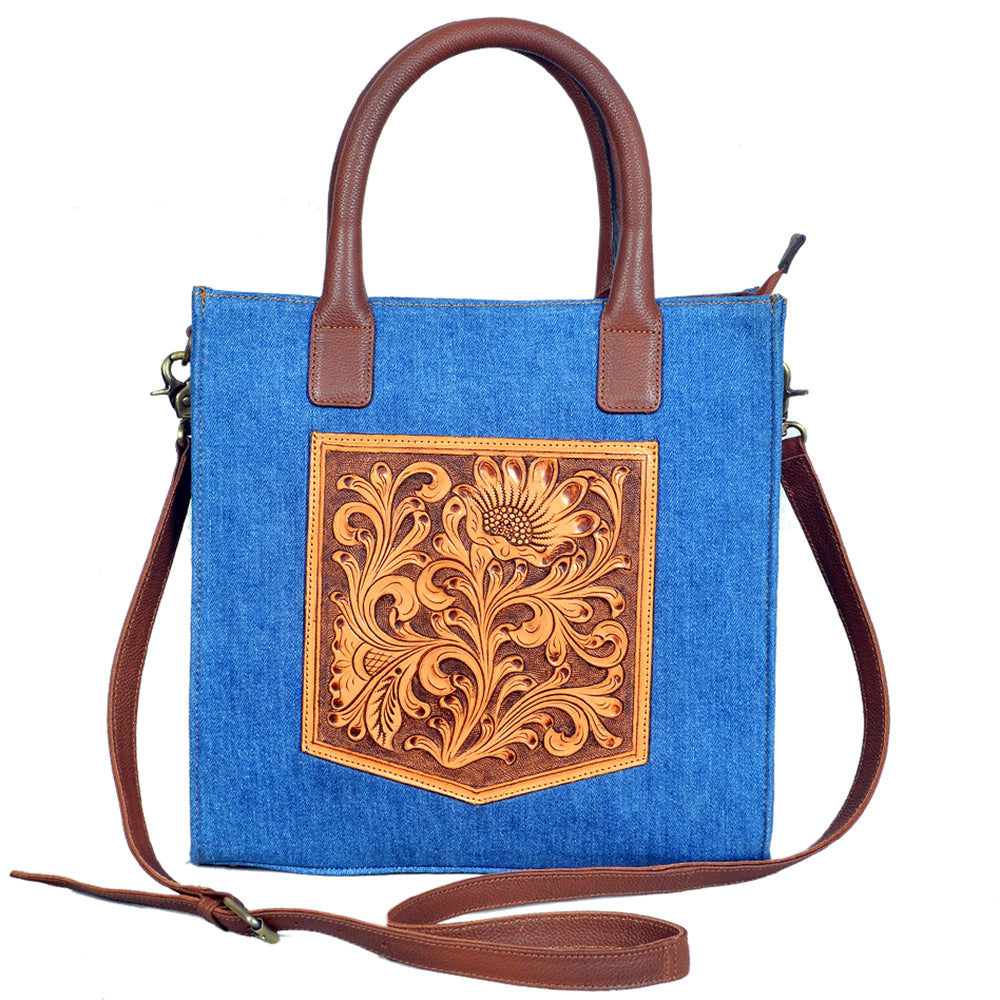 ADBGA1020 Tote Hand Tooled Denim Fabric Genuine Leather Women Bag