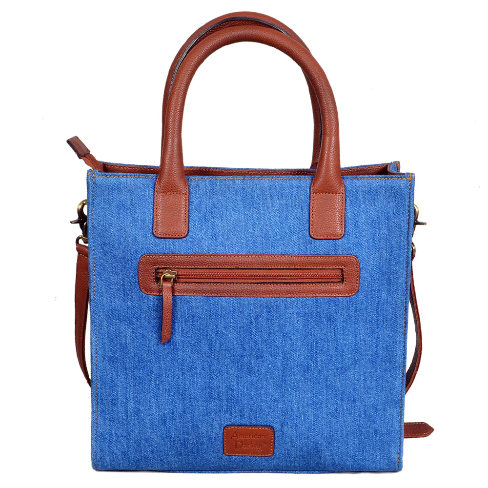 ADBGA1020 Tote Hand Tooled Denim Fabric Genuine Leather Women Bag