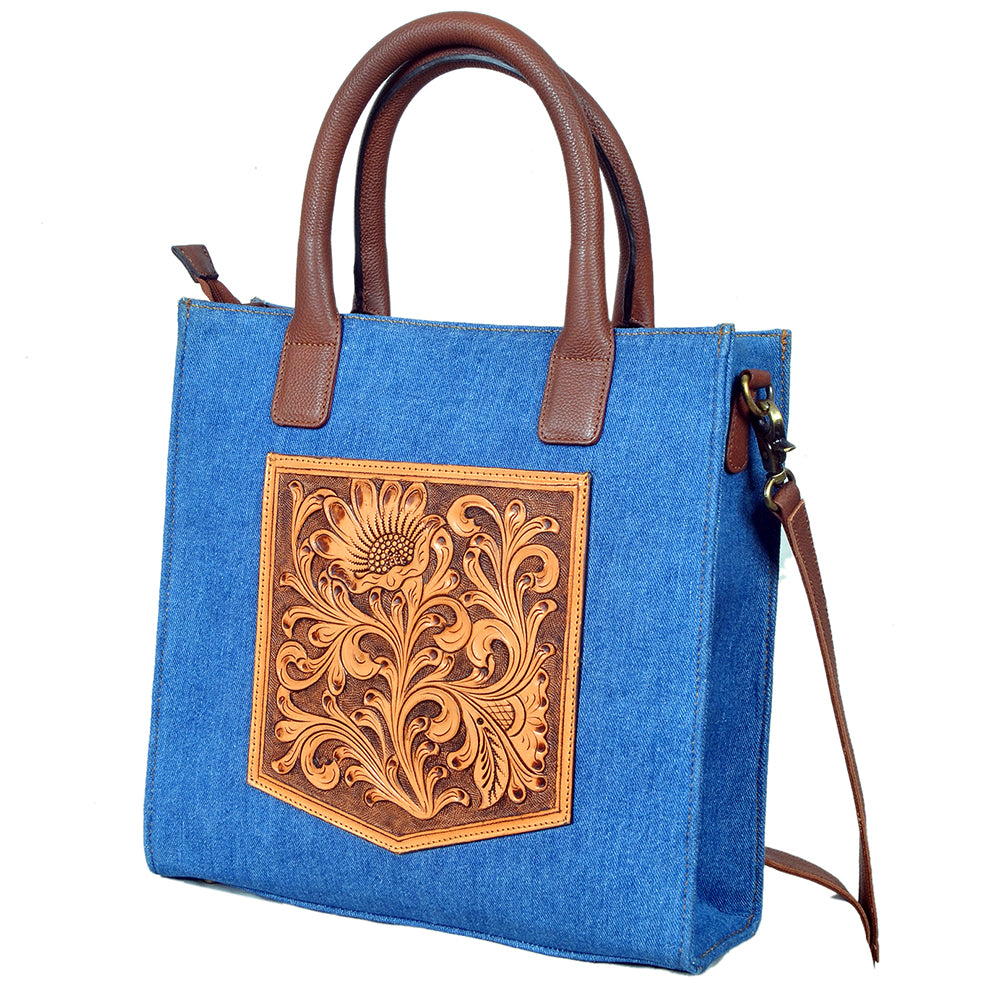 ADBGA1020 Tote Hand Tooled Denim Fabric Genuine Leather Women Bag