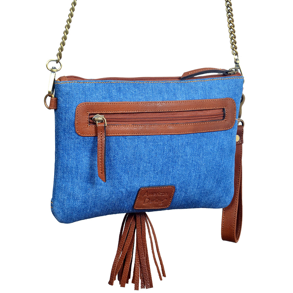 ADBGA1021 Crossbody Hand Tooled Denim Fabric Genuine Leather Women Bag