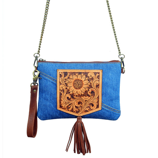 ADBGA1021 Crossbody Hand Tooled Denim Fabric Genuine Leather Women Bag