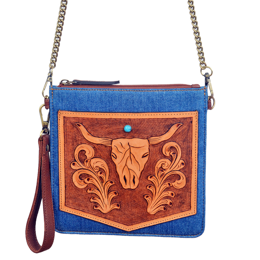 ADBGA1024 Crossbody Hand Tooled Denim Fabric Genuine Leather Women Bag