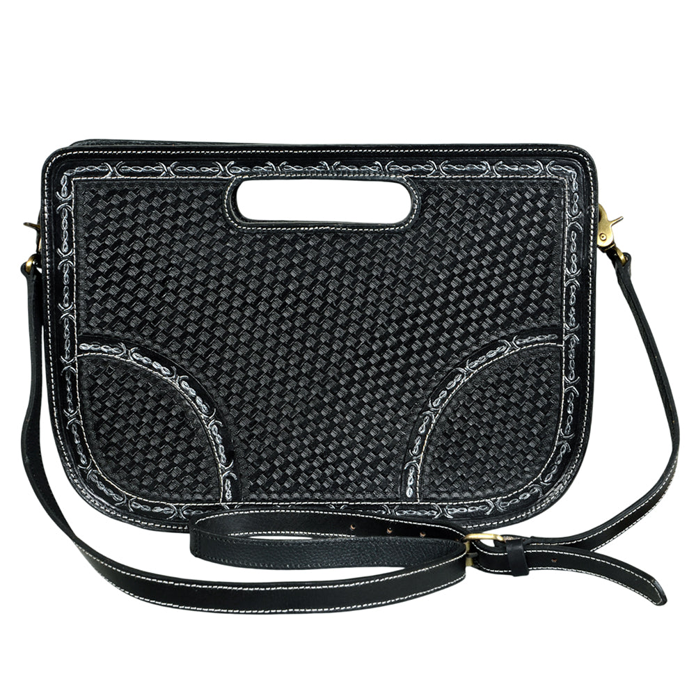 ADBGA1030 American Darling Black Hand-Tooled Basket Weave Leather Crossbody Bag