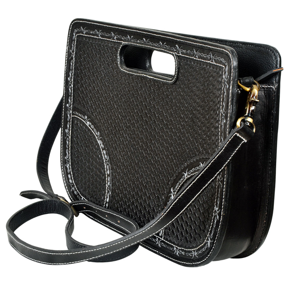 ADBGA1030 American Darling Black Hand-Tooled Basket Weave Leather Crossbody Bag