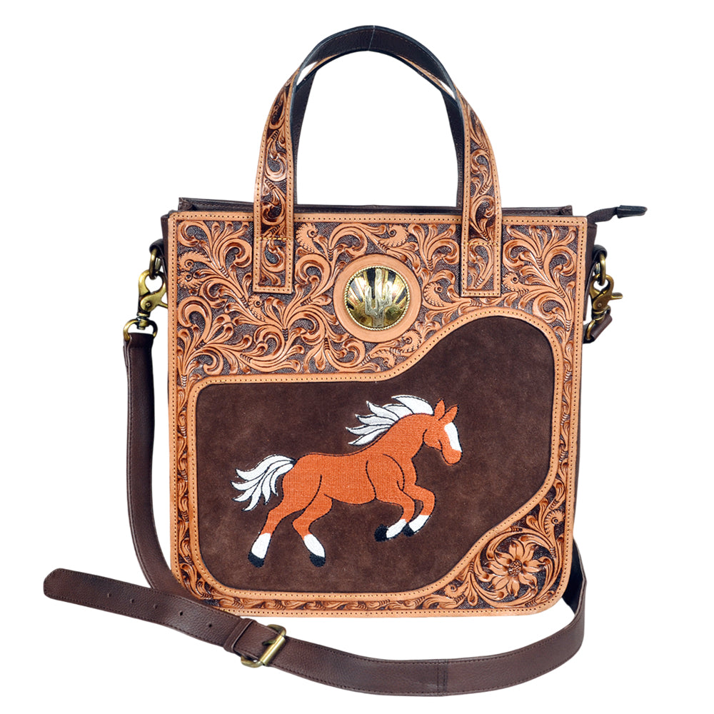 ADBGA1037 American Darling Horse Tooled Leather & Suede Crossbody Tote Handbag