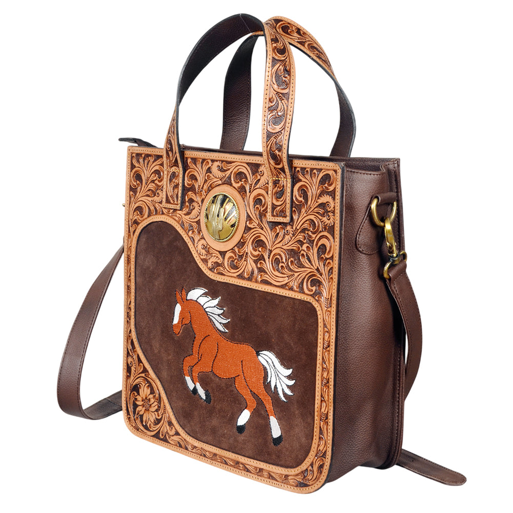 ADBGA1037 American Darling Horse Tooled Leather & Suede Crossbody Tote Handbag