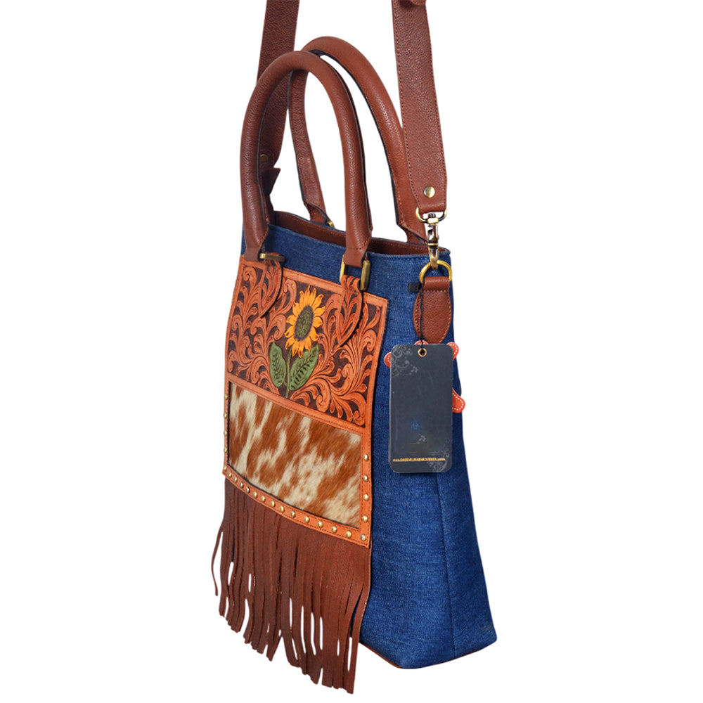 ADBGA1039 Crossbody Hand Tooled Denim Fabric Genuine Leather Women Bag