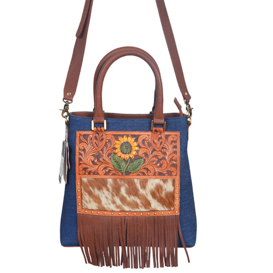 ADBGA1039 Crossbody Hand Tooled Denim Fabric Genuine Leather Women Bag