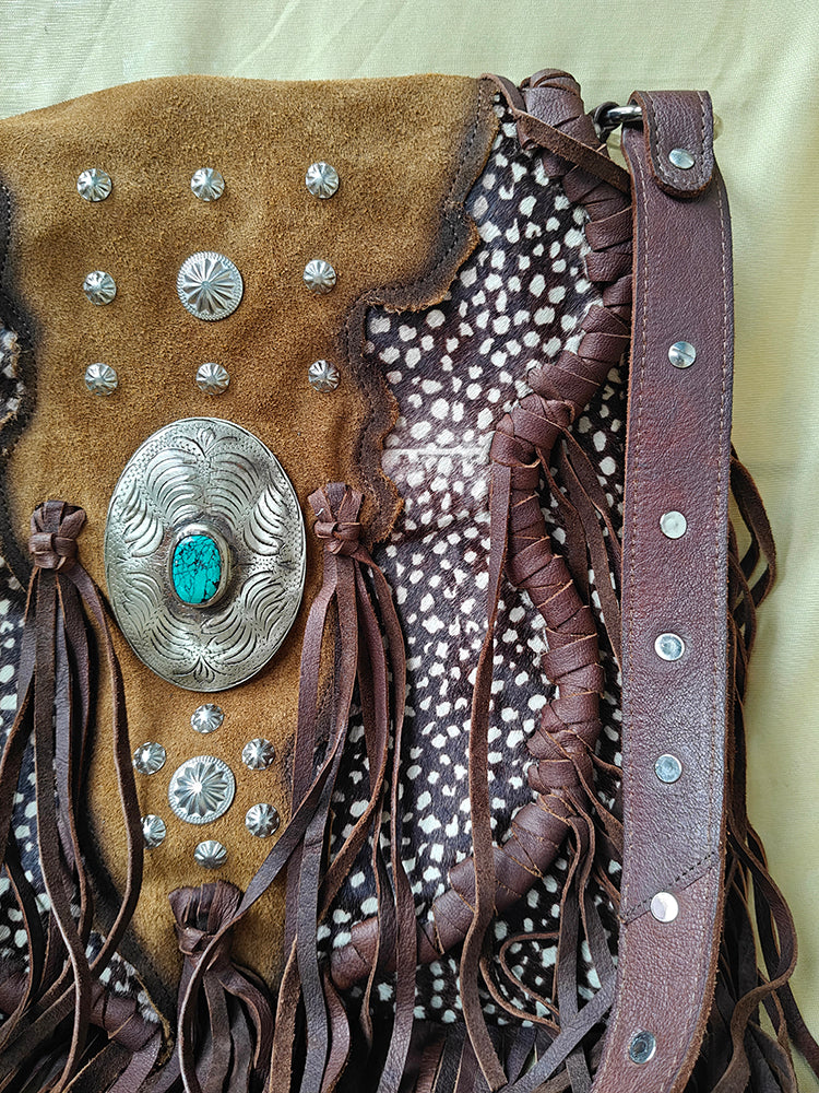 ADBGM477 Cowhide & Leather Western Fringe Messenger Bag - Western Concho Bag with Turquoise Accent