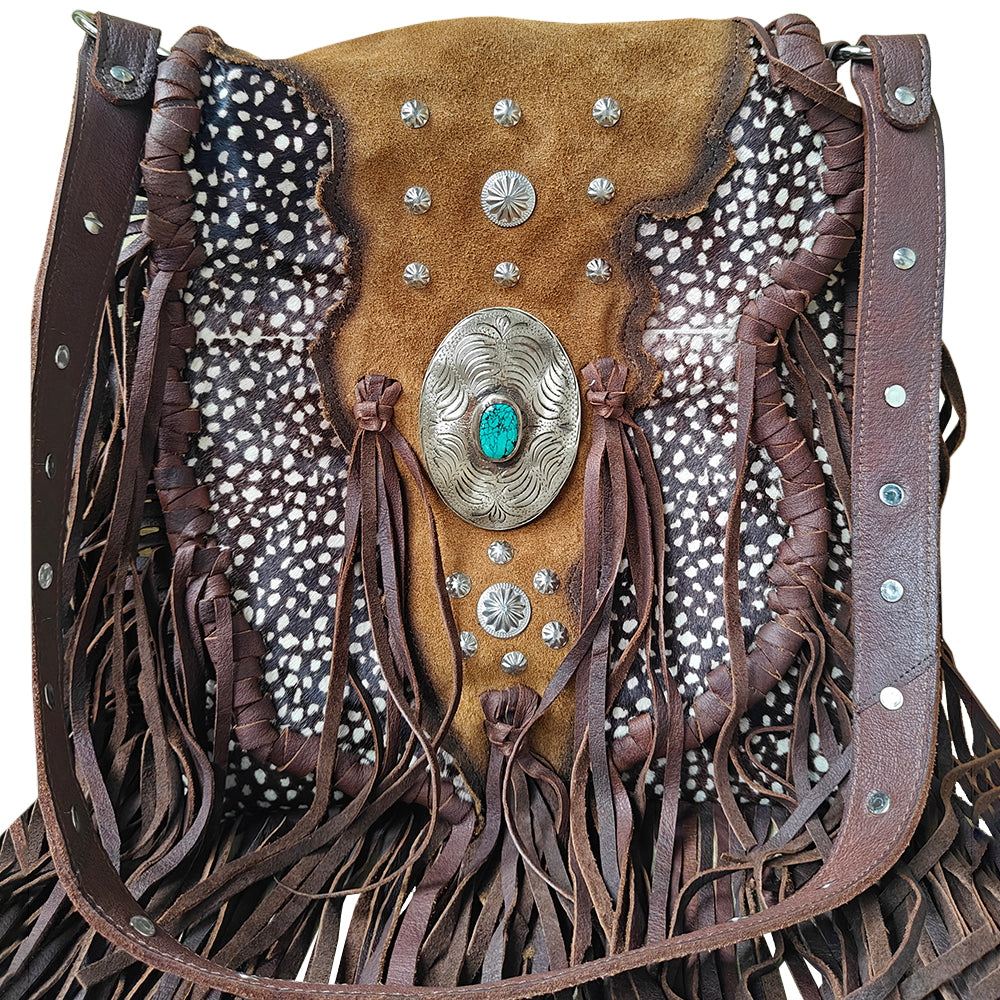 ADBGM477 Cowhide & Leather Western Fringe Messenger Bag - Western Concho Bag with Turquoise Accent