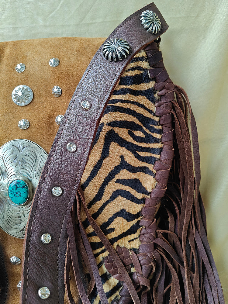 ADBGM477 Cowhide & Leather Western Fringe Messenger Bag - Western Concho Bag with Turquoise Accent
