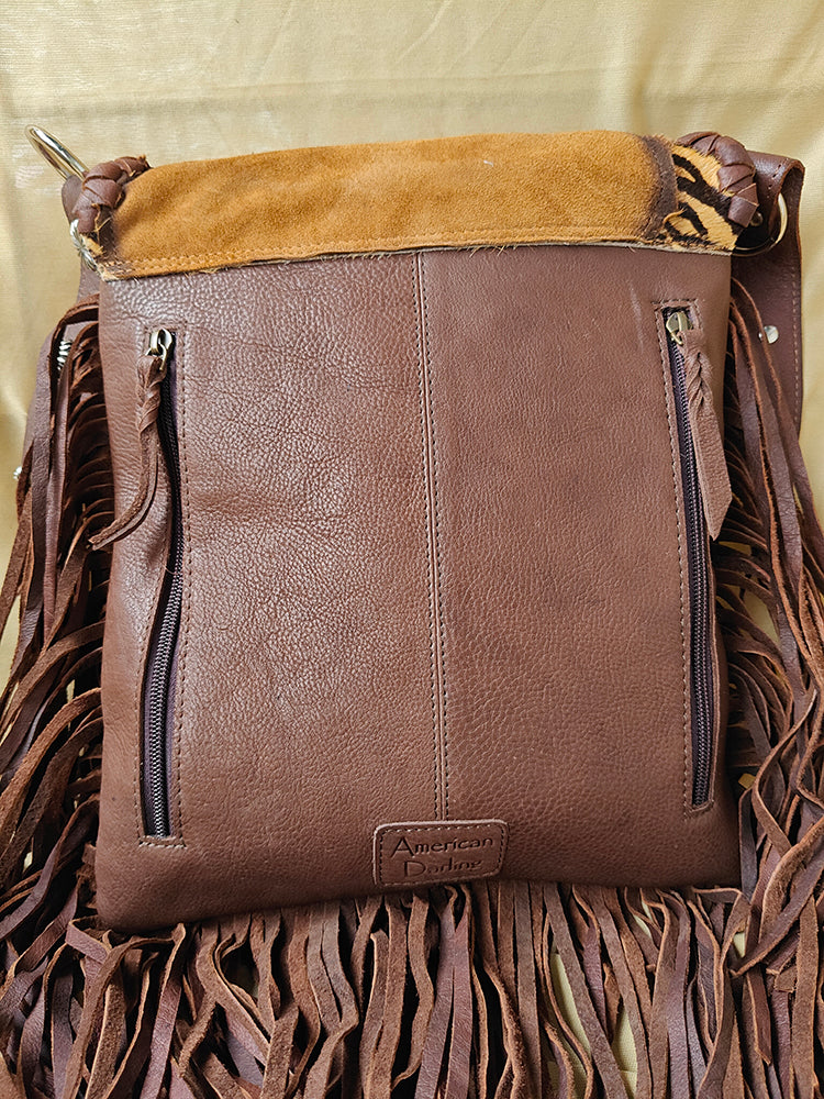 ADBGM477 Cowhide & Leather Western Fringe Messenger Bag - Western Concho Bag with Turquoise Accent
