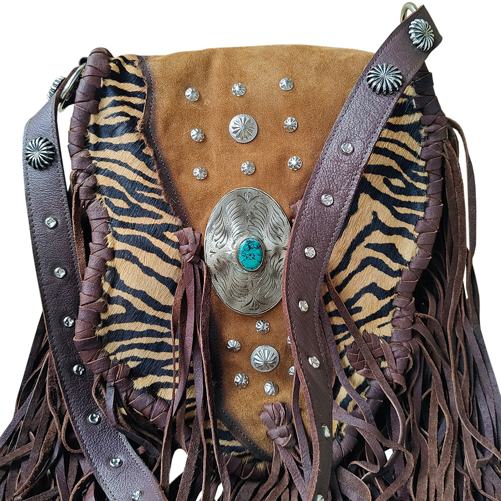 ADBGM477 Cowhide & Leather Western Fringe Messenger Bag - Western Concho Bag with Turquoise Accent