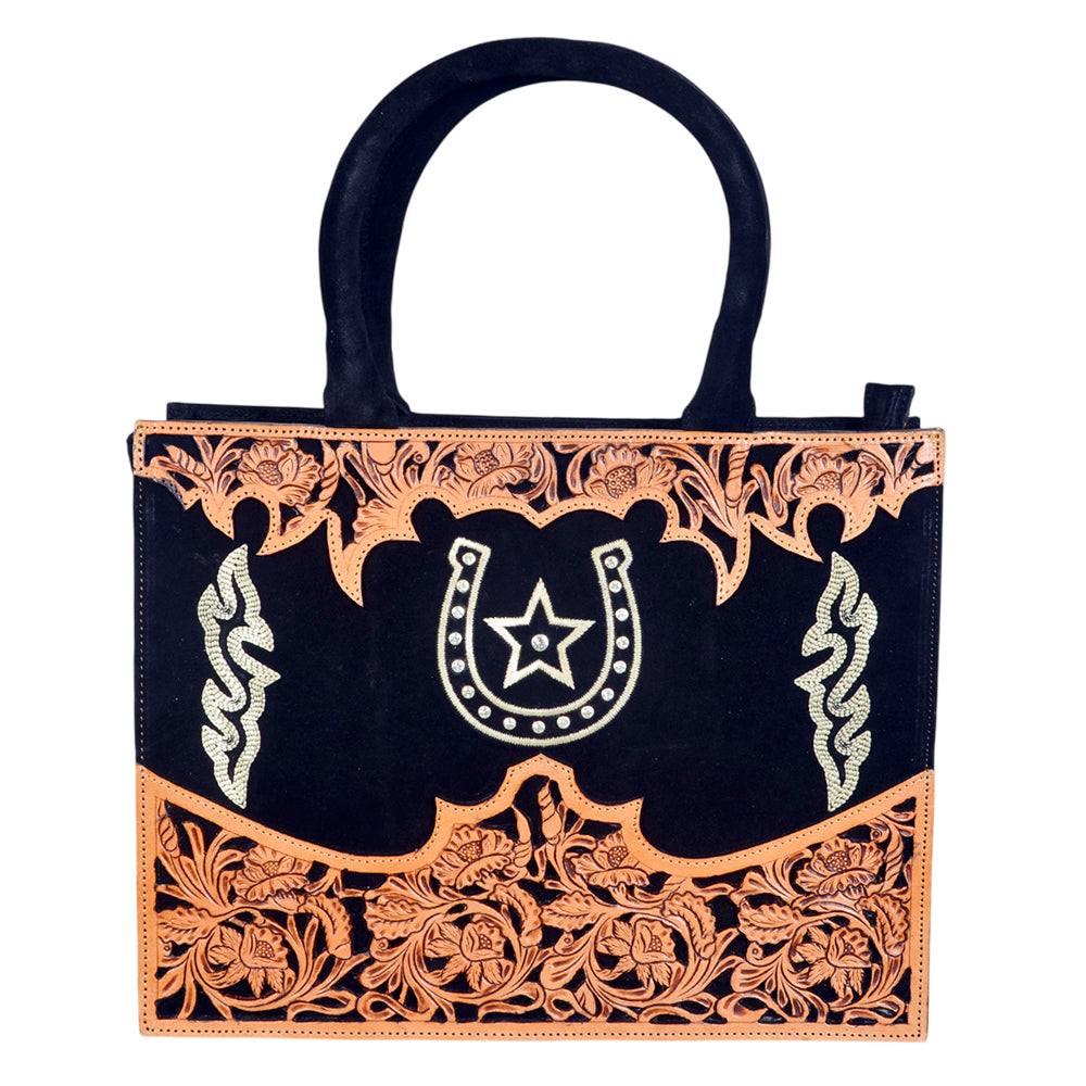 ADBGA1082 American Darling Black Suede & Hand-Tooled Leather Horseshoe Western Tote