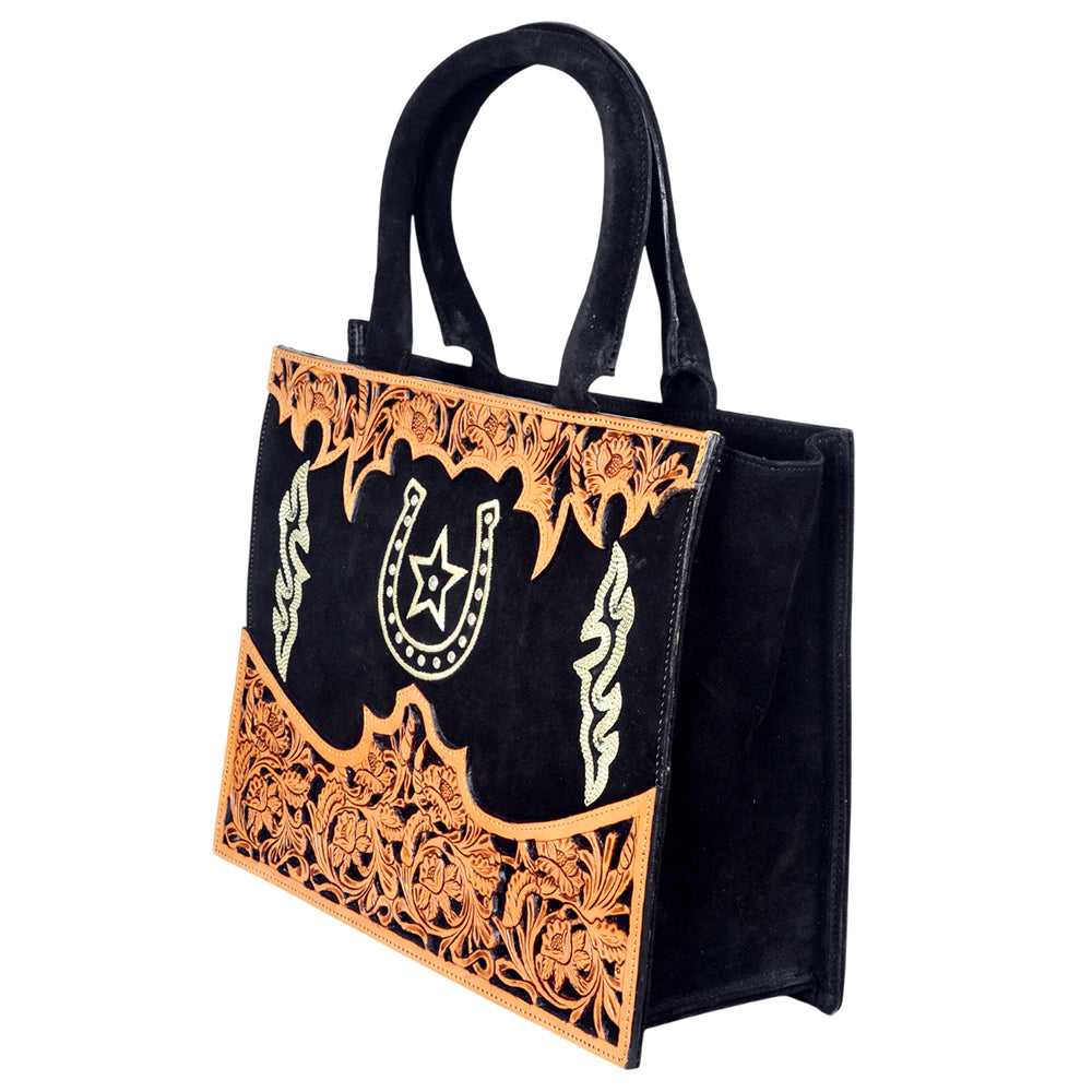 ADBGA1082 American Darling Black Suede & Hand-Tooled Leather Horseshoe Western Tote