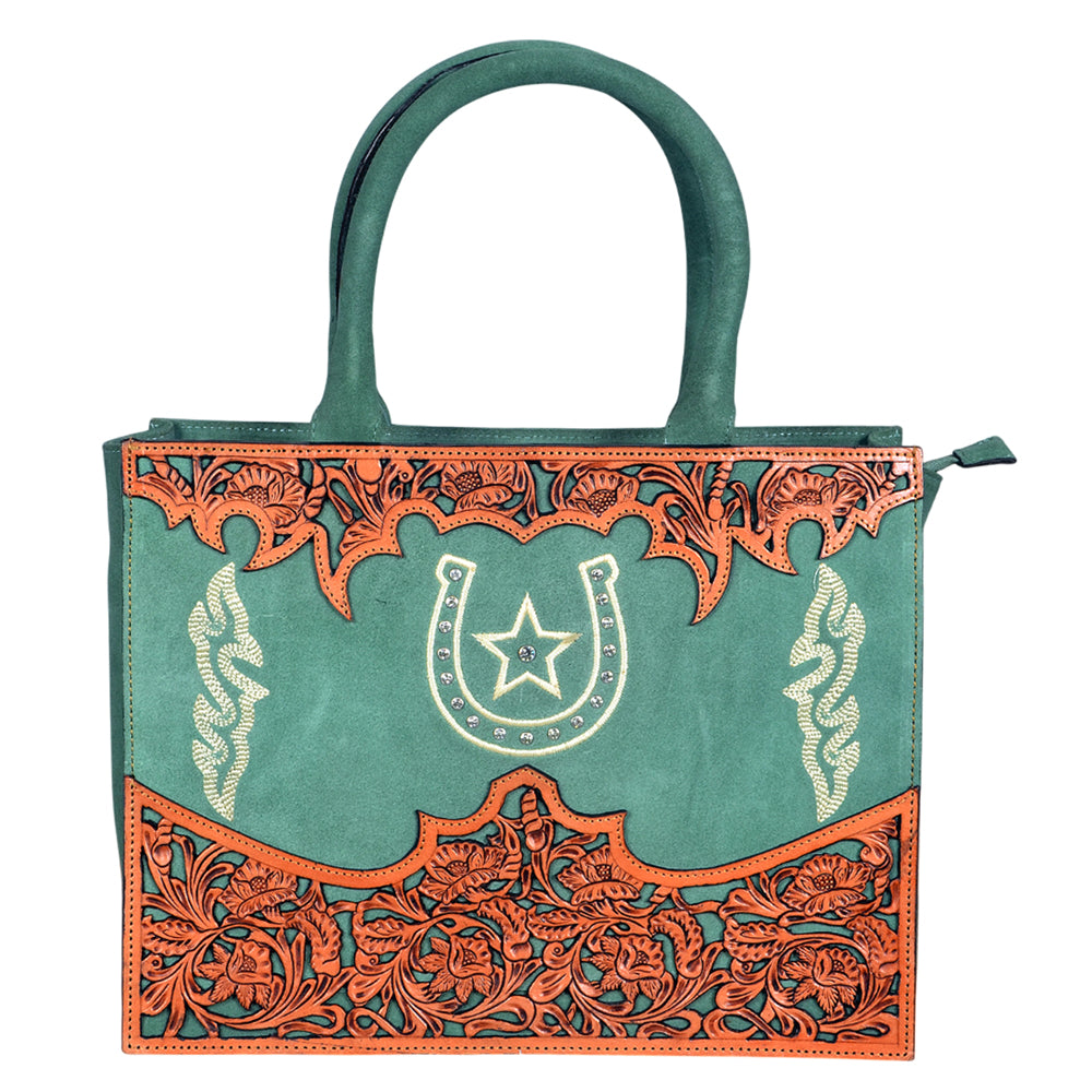 ADBGA1083 American Darling Teal Suede & Hand-Tooled Leather Horseshoe Western Tote