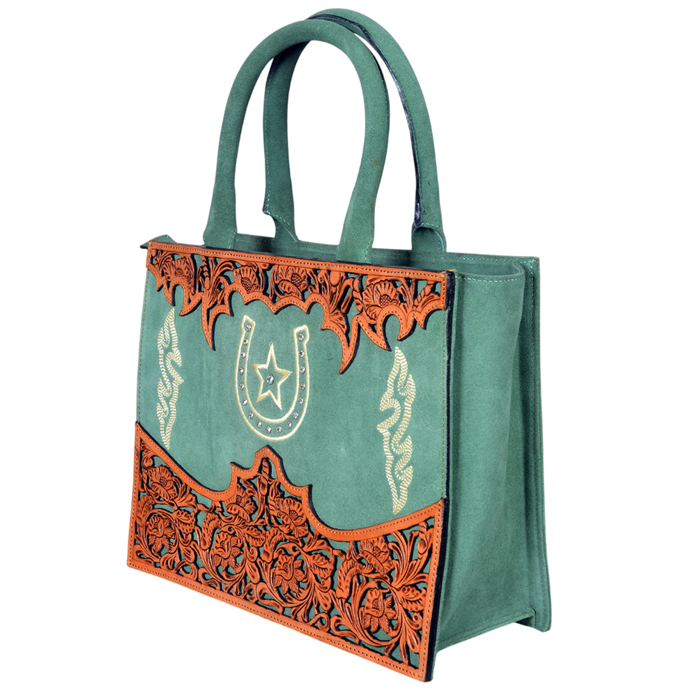 ADBGA1083 American Darling Teal Suede & Hand-Tooled Leather Horseshoe Western Tote