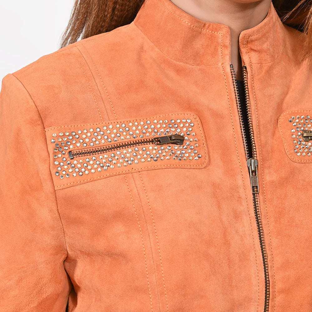 ADJKT108 American Darling Women Orange Leather Rhinestone Studded Jacket