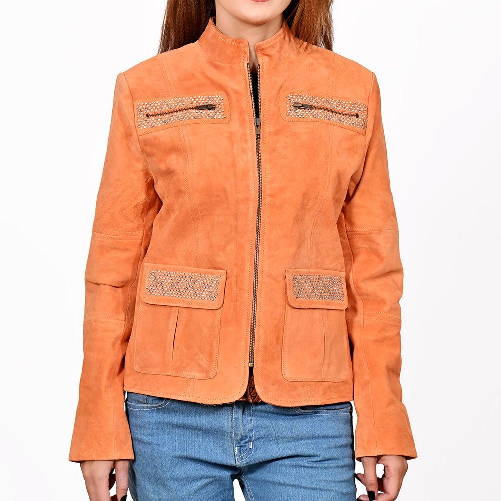 ADJKT108 American Darling Women Orange Leather Rhinestone Studded Jacket