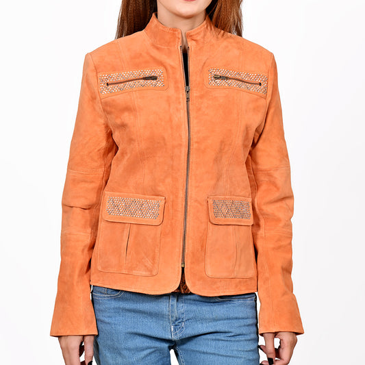 ADJKT108 American Darling Women Orange Leather Rhinestone Studded Jacket