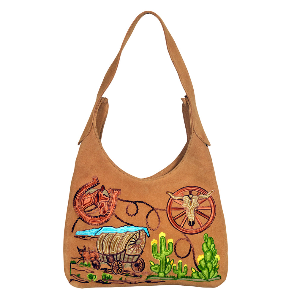ADBGA1099 Western Genuine Suede Hobo Bag with Embroidered Pioneer Scenes