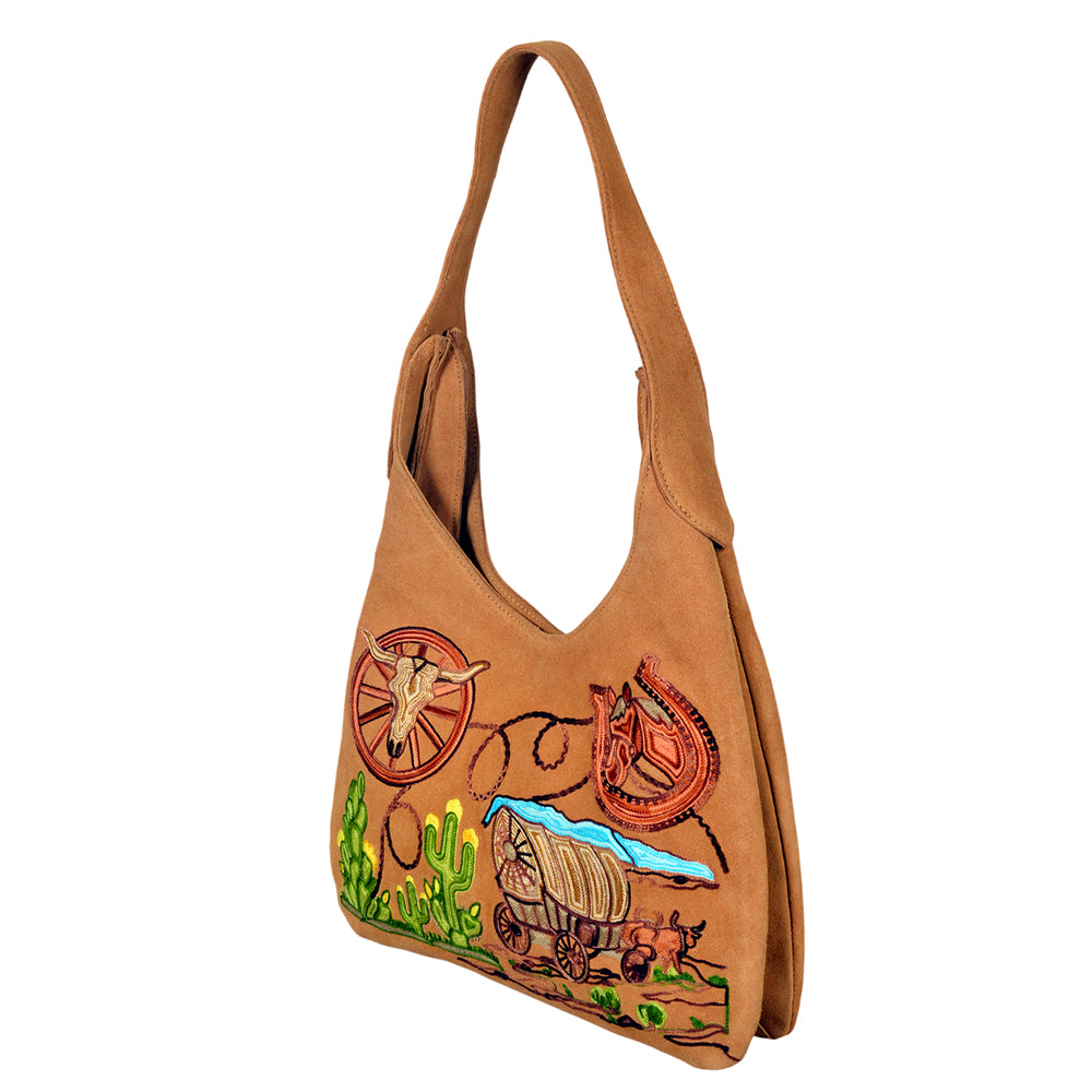 ADBGA1099 Western Genuine Suede Hobo Bag with Embroidered Pioneer Scenes