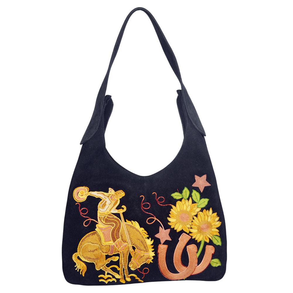 ADBGA1100 Western Genuine Suede Hobo Bag with Rodeo Bronc & Sunflower Embroidery