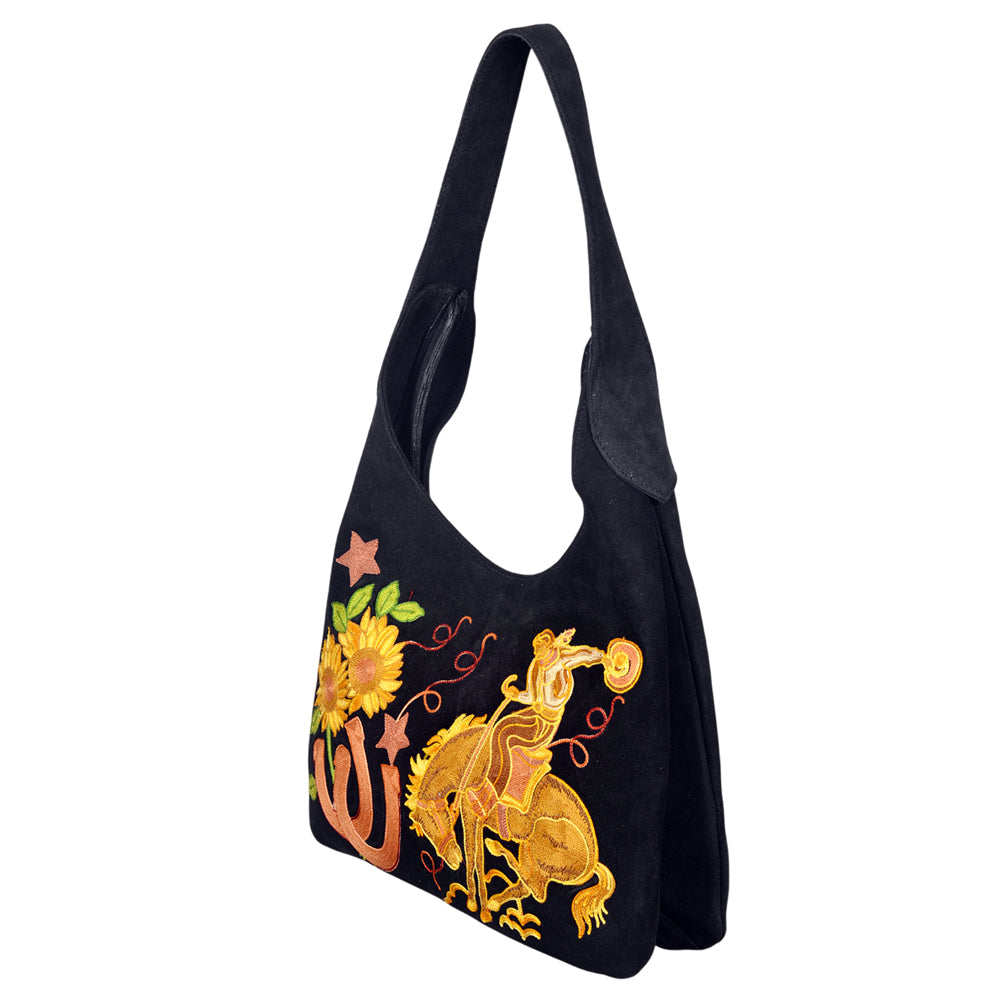 ADBGA1100 Western Genuine Suede Hobo Bag with Rodeo Bronc & Sunflower Embroidery