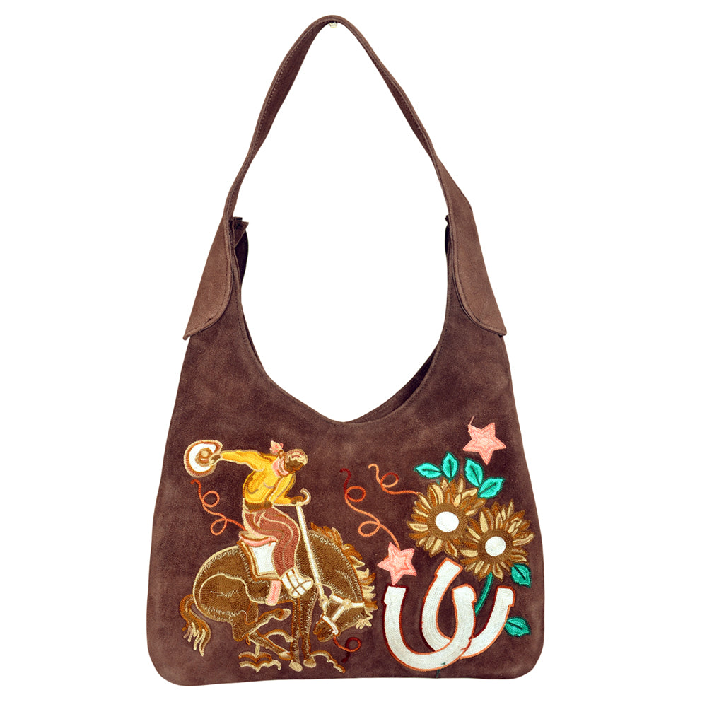 ADBGA1101 Embroidered Rodeo Bronc Genuine Suede Western Hobo Handbag (62 chars)