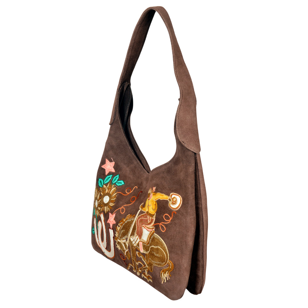 ADBGA1101 Embroidered Rodeo Bronc Genuine Suede Western Hobo Handbag (62 chars)