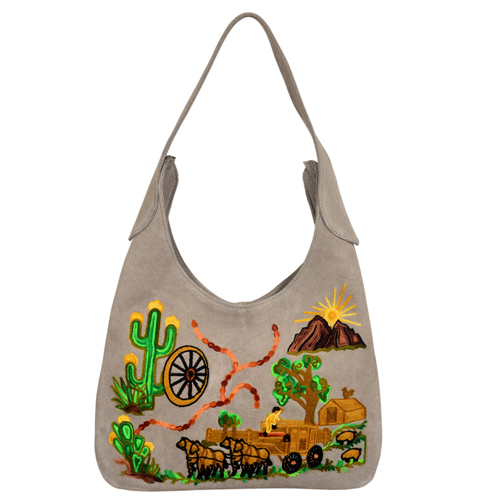 ADBGA1102 Genuine Suede Western Hobo Bag with Pioneer Wagon & Cactus Embroidery
