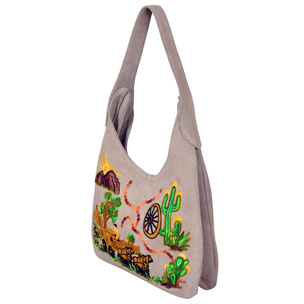 ADBGA1102 Genuine Suede Western Hobo Bag with Pioneer Wagon & Cactus Embroidery