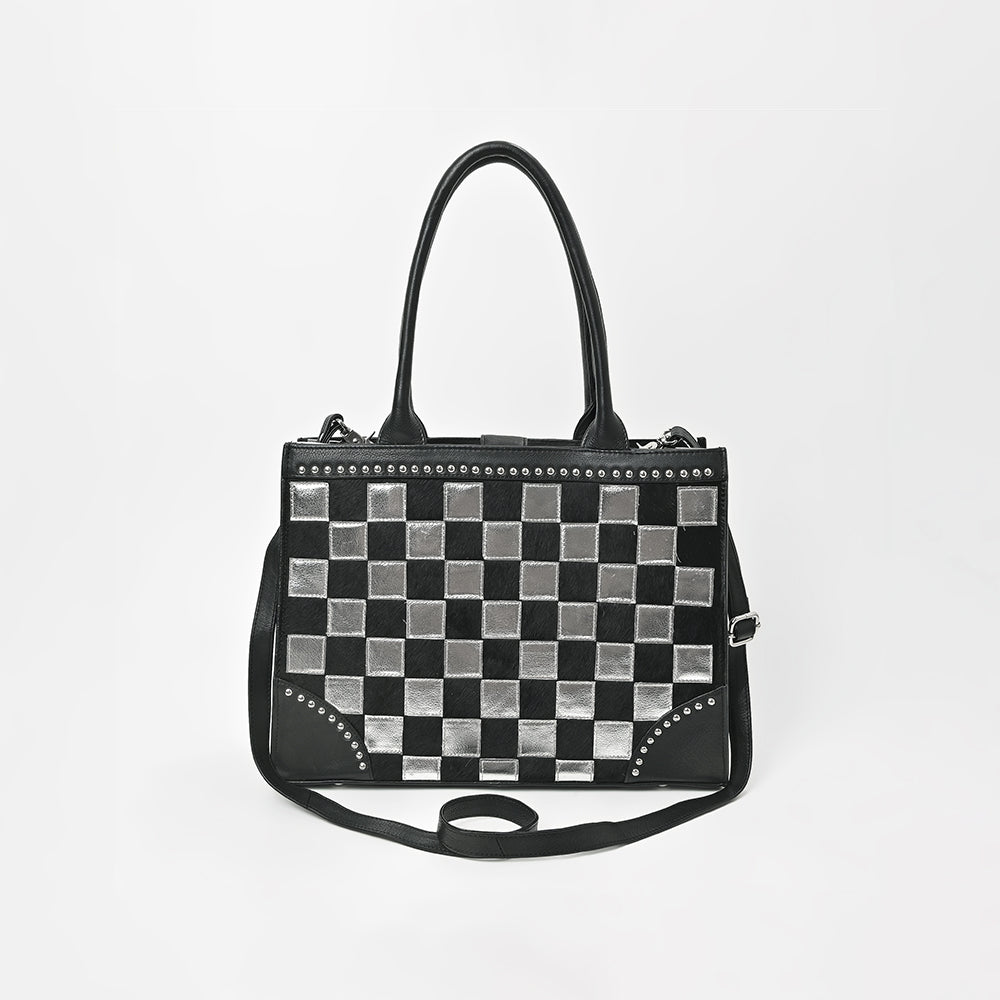 ADBGM937 American Darling Black Leather Metallic Checkered Studded Tote Bag