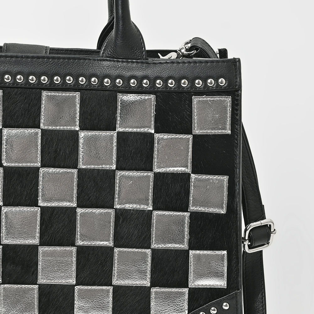 ADBGM937 American Darling Black Leather Metallic Checkered Studded Tote Bag