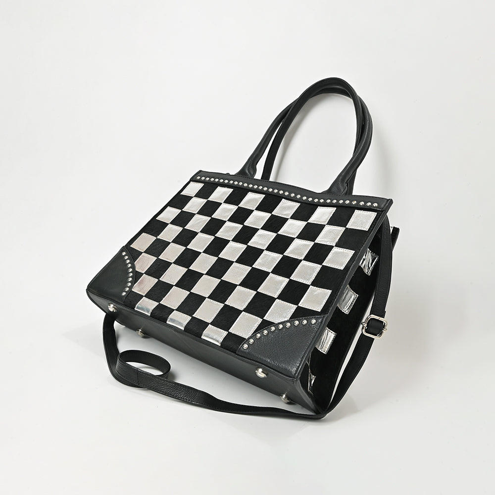 ADBGM937 American Darling Black Leather Metallic Checkered Studded Tote Bag