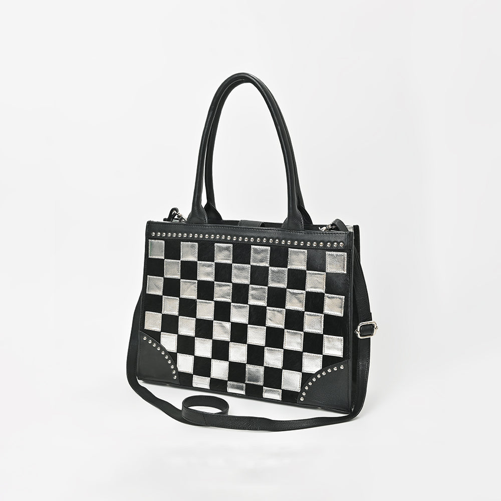 ADBGM937 American Darling Black Leather Metallic Checkered Studded Tote Bag