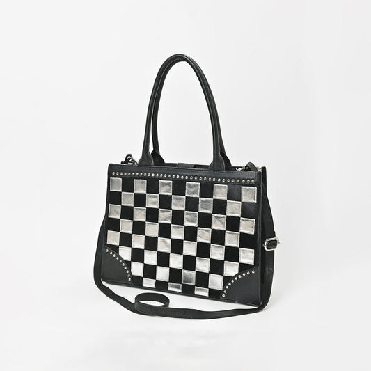 ADBGM937 American Darling Black Leather Metallic Checkered Studded Tote Bag