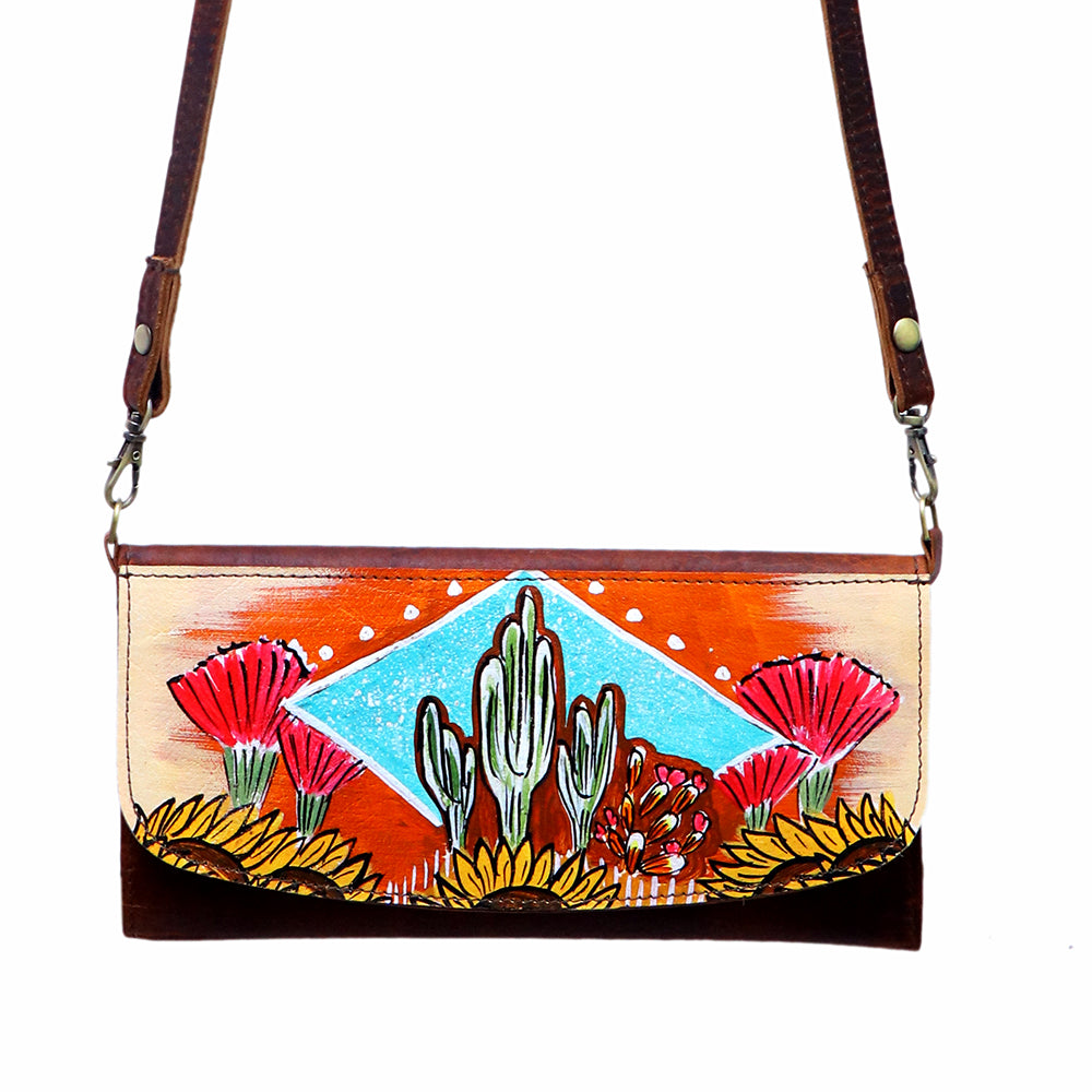 ADBGM112HP13 Hand-Painted Leather  Wallet Crossbody Bag - Southwestern Desert Cactus & Sunflower Purse