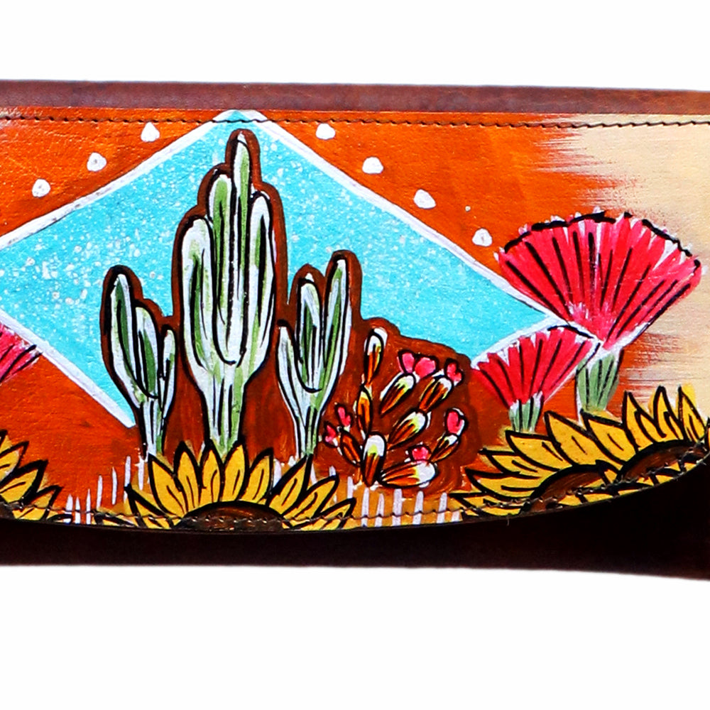 ADBGM112HP13 Hand-Painted Leather  Wallet Crossbody Bag - Southwestern Desert Cactus & Sunflower Purse
