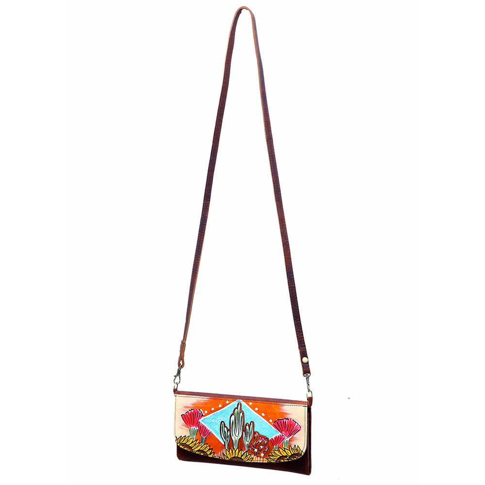 ADBGM112HP13 Hand-Painted Leather  Wallet Crossbody Bag - Southwestern Desert Cactus & Sunflower Purse