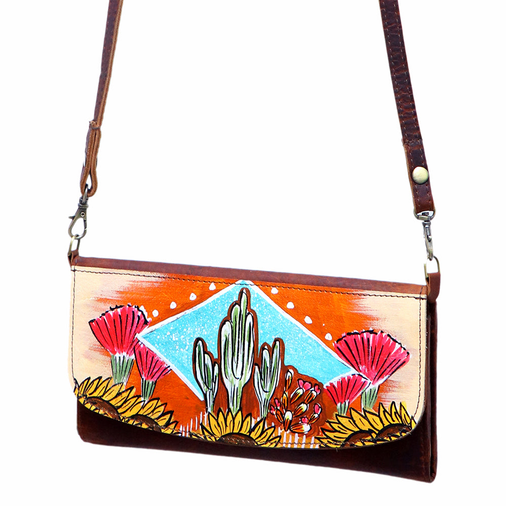 ADBGM112HP13 Hand-Painted Leather  Wallet Crossbody Bag - Southwestern Desert Cactus & Sunflower Purse