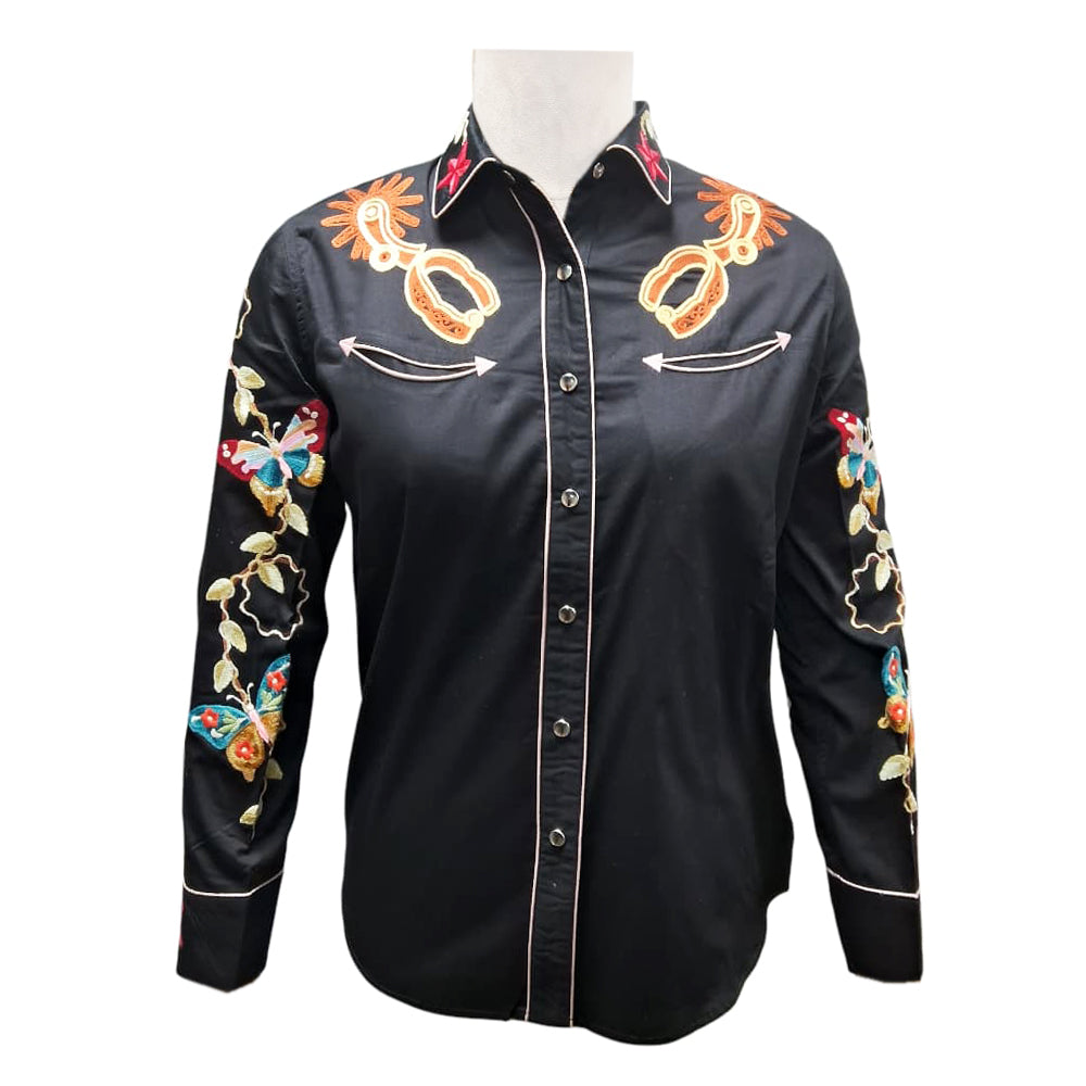 ADSH047 American Darling Black Western Apparel - Embroidered Cotton Satin Butterfly Shirt
