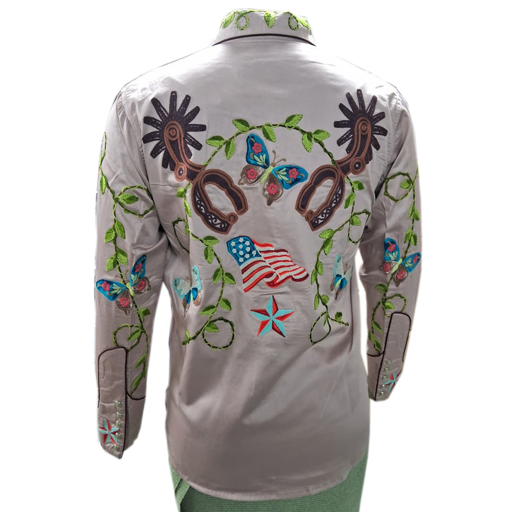 ADSH049 American Darling Light Mauve Western Apparel - Embroidered Cotton Satin Butterfly Shirt