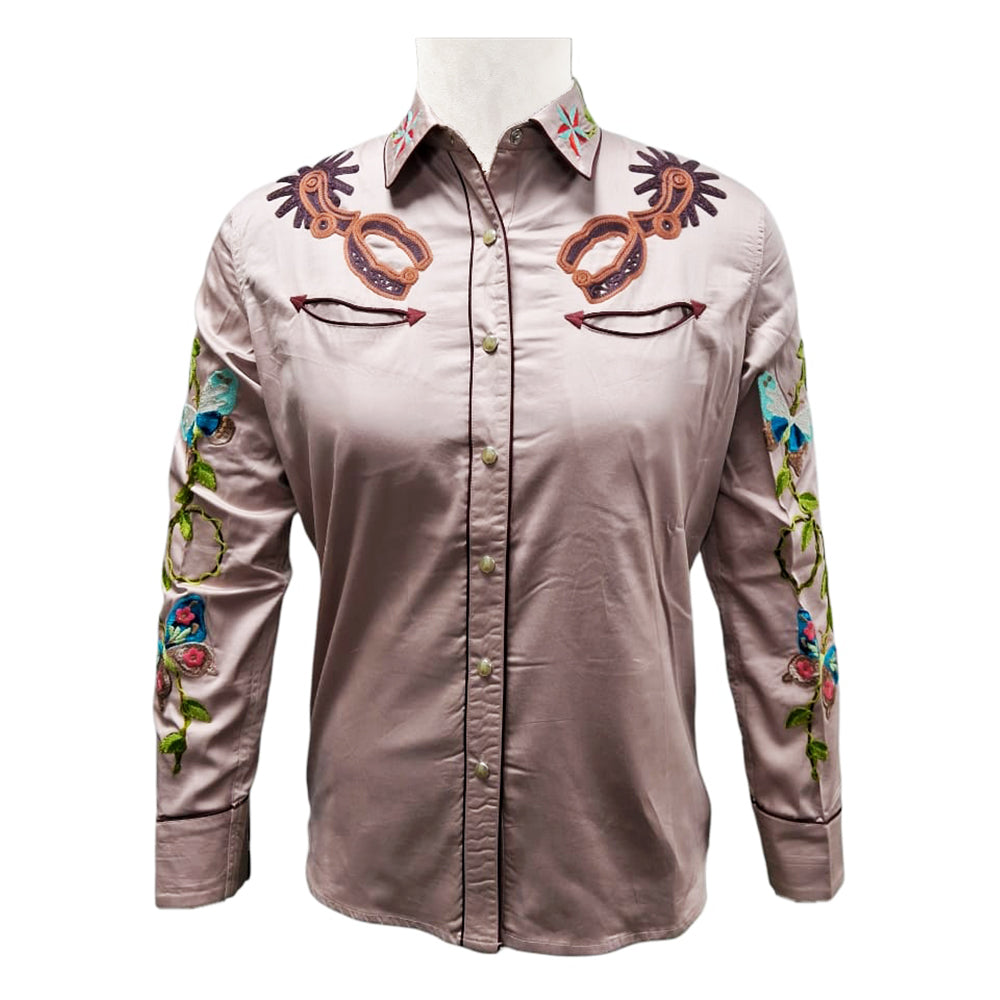 ADSH049 American Darling Light Mauve Western Apparel - Embroidered Cotton Satin Butterfly Shirt