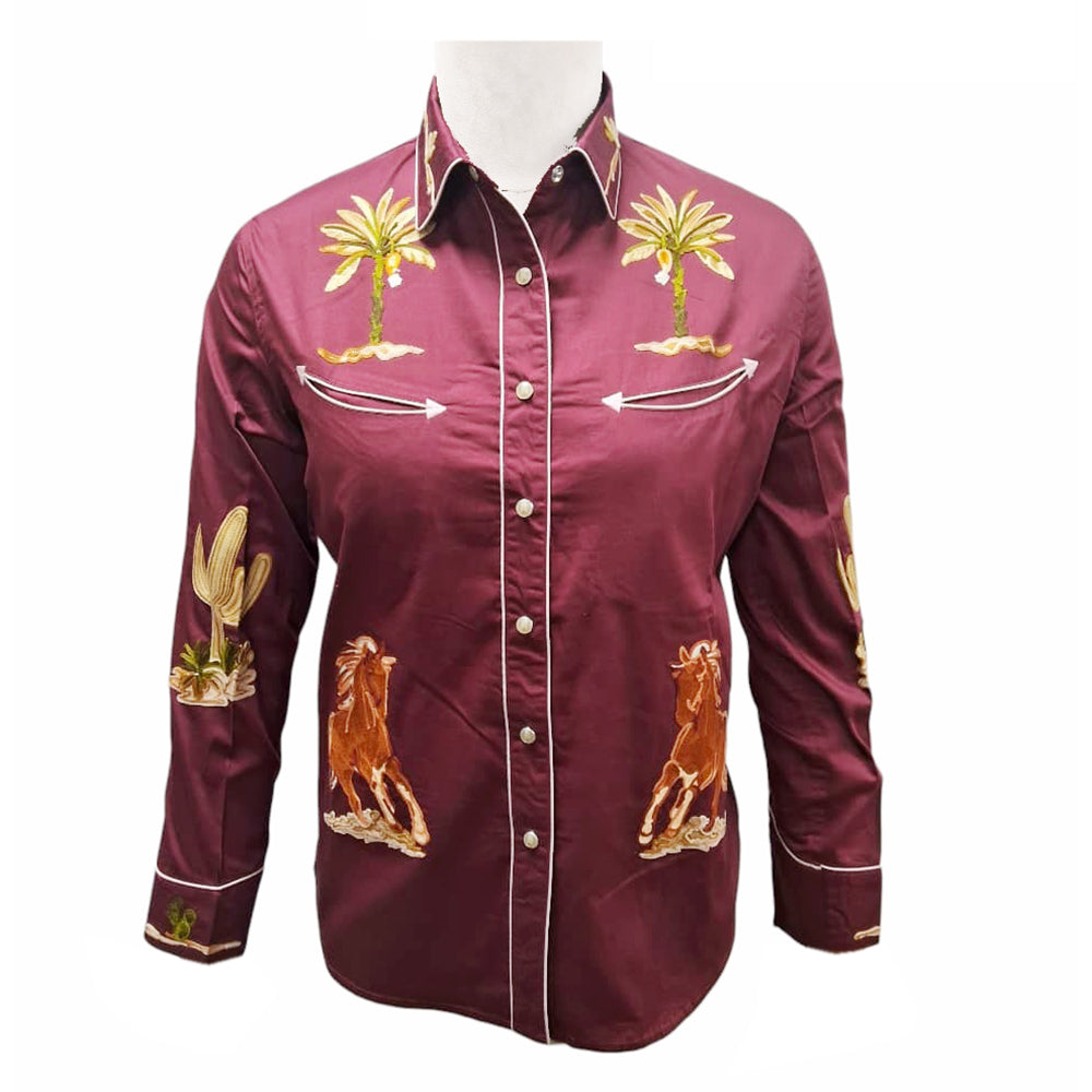 ADSH052 American Darling Maroon Western Apparel - Embroidered Cotton Satin Horse Motif Shirt